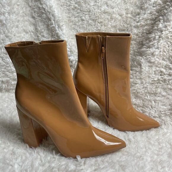 SHEIN Patent tan mid calf Boots pointed toe side zipper block heels size 11 - Picture 5 of 10